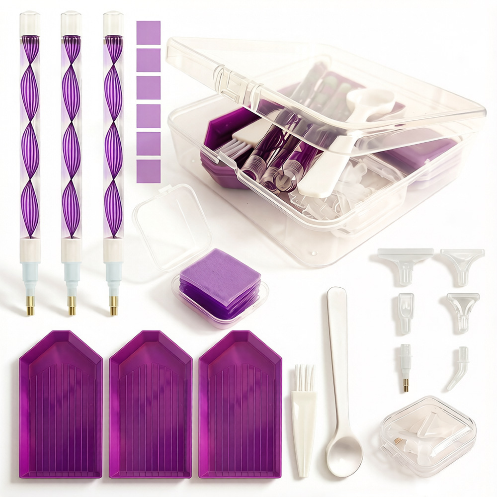 Embroidery Kit Set - ชุดอุปกรณ์วาดภาพเพชร DIY กล่องเก็บ 4 สี พร้อมถาด