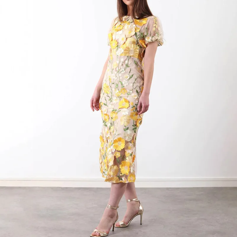Embroidery Zara - ฤดูร้อนหญิงสูงเอวซิปเข่าความยาวชุดฤดูใบไม้ผลิเย็บปักถักร้อยชุดยาวผู้หญิงพัฟแขน O คอทรัมเป็ตชุด