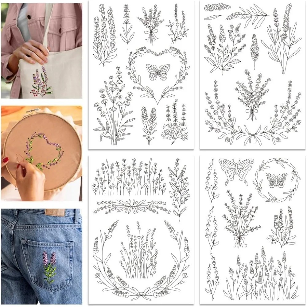 Embroidery Cloth - แผ่นปักลายดอกลาเวนเดอร์และผีเสื้อ 4 แผ่น แบบละลายน้ำได้ สำหรับงานปักมือ DIY