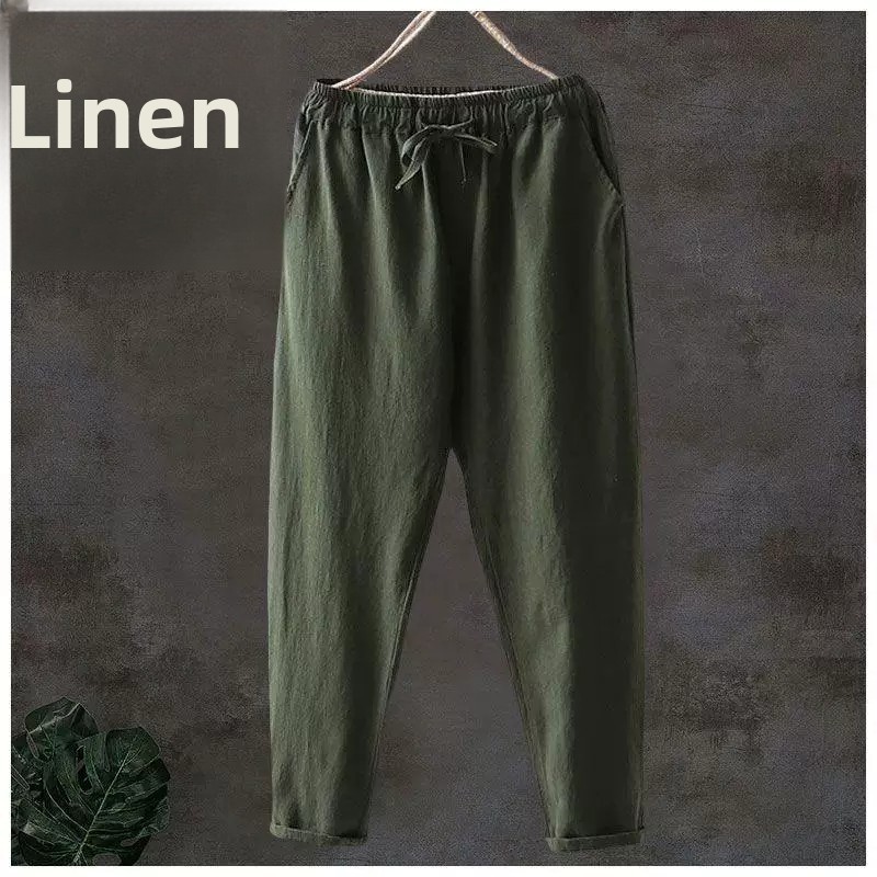 Linen Fabric Natural - กางเกงผ้าลินินแท้ ระบายอากาศได้ดี ทรงใหม่ 9 ส่วน ผ้าบางคล้ายผ้าฝ้าย