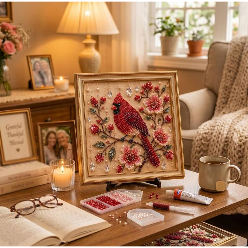 Embroidery Kit Set - ชุดงานฝีมือ DIY ปักลูกปัดและไข่มุก ลายนกคาร์ดินัล พร้อมคริสตัลและเพชรประดับตกแต่งผนัง สำหรับตกแต่งห้องนั่งเล่นในบ้าน