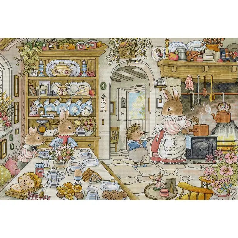 Embroidery Kitchen - ชุดงานปักครอสติชลายการ์ตูนสัตว์ในครัวกระต่ายชุดปัก14CT 16CT 11CT ผ้าใบงานเย็บปักด้วยมือแบบ DIY