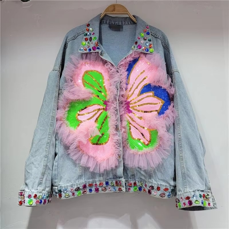 Embroidery Jacket Jeans - แจ็คเก็ตยีนส์สีน้ำเงินประดับเลื่อมลายดอกไม้สำหรับผู้หญิง ฤดูใบไม้ผลิ 2026 ปกเสื้อแบบปกเชิ้ต แขนยาว สไตล์ลำลอง