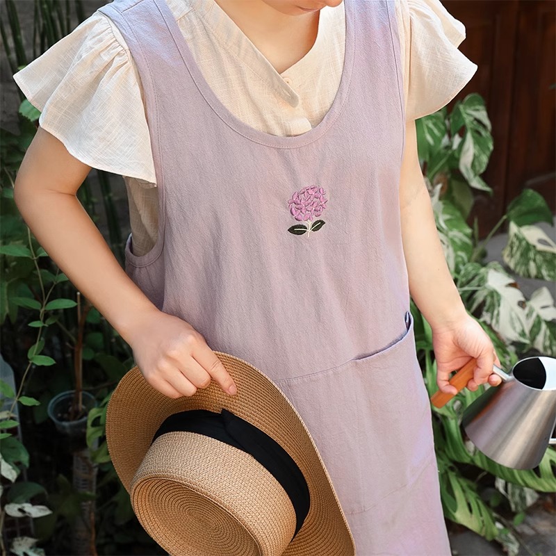 Embroidery Kitchen - ฤดูร้อนผ้าฝ้ายเย็บปักถักร้อยผ้ากันเปื้อนครัวพร้อมกระเป๋าผู้หญิงผ้ากันเปื้อน Cross-Back Pinafore สําหรับทําอาหารเบเกอรี่ทําความสะอาดสวน