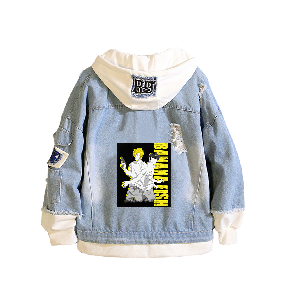 Embroidery Jacket Jeans - เสื้อแจ็คเก็ตยีนส์ลายการ์ตูนแบนานาฟิช เสื้อฮู้ดดี้แอนิเมะ เสื้อสเวตเชิ้ตแขนยาวผู้หญิงลายแอชลิงซ์ เสื้อผ้าสตรีทแวร์ฮาราจูกุสำหรับผู้ชายและผู้หญิง เสื้อผ้าคู่รัก