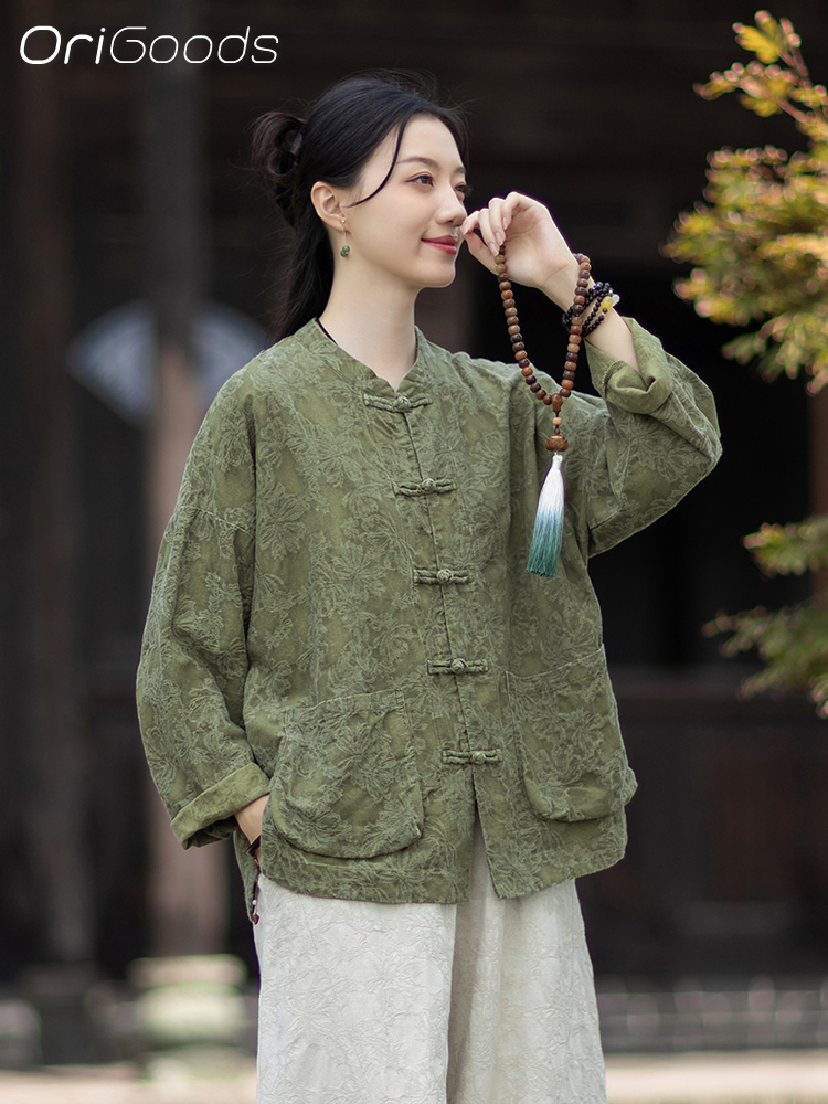 Linen Fabric Natural - เสื้อผ้าผ้าแจ็คการ์ด OriGoods ผ้าฝ้ายผสมลินิน สไตล์จีน ทรงหลวม เสื้อคลุมแจ็คการ์ด