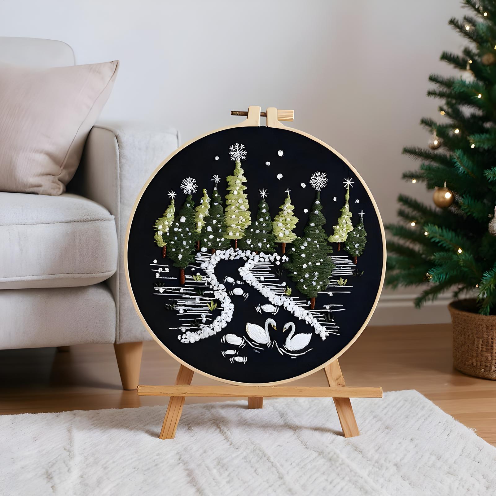 Embroidery Kitchen - ชุดปักลายคริสต์มาส ภาพวิวหิมะฤดูหนาว ชุดปักลายง่ายๆ ของตกแต่งเทศกาลสำหรับครัว ห้องนั่งเล่น โต๊ะทำงาน