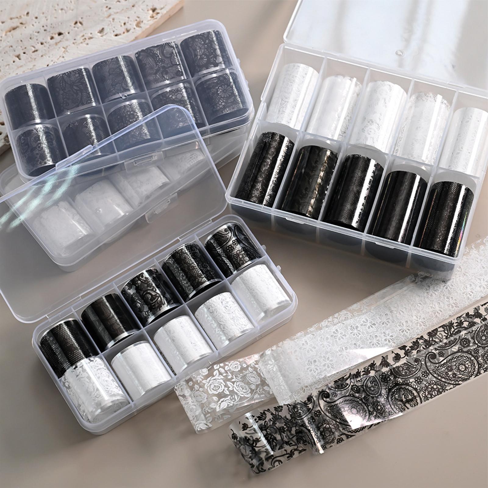 Transfer Paper Carbon - ชุดฟอยล์ลายลูกไม้สีขาวดำ 10 ชิ้น สำหรับตกแต่งเล็บแบบติดเอง สติ๊กเกอร์ติดเล็บ DIY