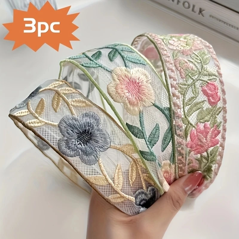 Embroidery Hooping - 1/3pcs Elegant ชีฟองเย็บปักถักร้อยดอกไม้ Hairband-หวานดอกไม้แถบคาดศีรษะ Turban Hoop