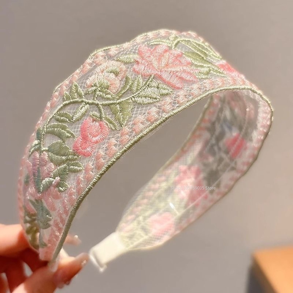 Embroidery Hooping - ที่คาดผมลูกไม้ปักลายดอกไม้สไตล์สปริง ใหม่ หรูหรา ผ้าชีฟอง ปีกกว้าง สำหรับสาวๆ