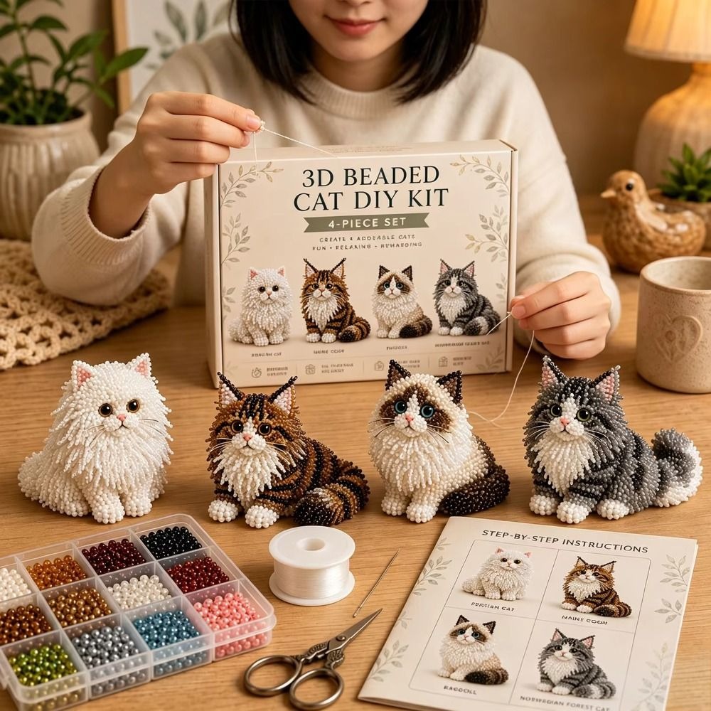 Embroidery Kit Set - ชุดงานฝีมือปักลูกปัดรูปสัตว์ DIY ทำเอง ชุดงานศิลปะลูกปัดหลากสีสัน ชุดงานฝีมือขนาดเล็ก แมวน้อย