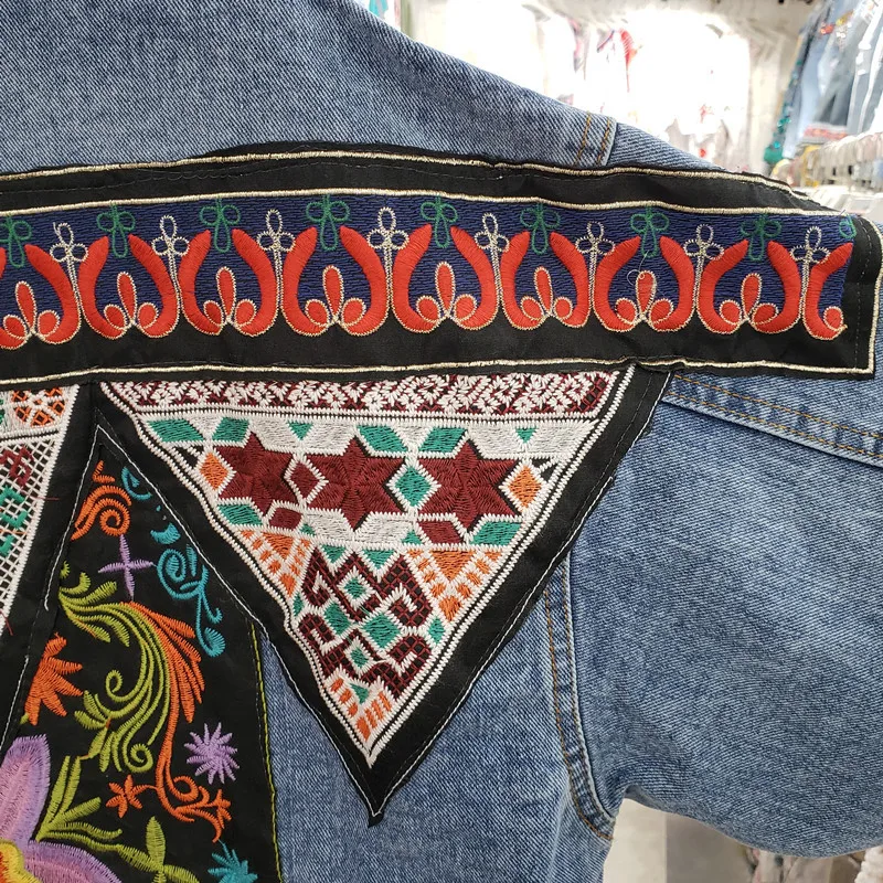 Embroidery Jacket Jeans - Vintage Blue เย็บปักถักร้อยพู่ Denim แจ็คเก็ตผู้หญิงคาวบอยฤดูใบไม้ร่วงหลวมสั้นกระเป๋าขนาดใหญ่กางเกงยีนส์หญิง