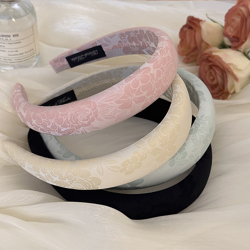 Embroidery Hooping - ที่คาดผมแฟชั่นฟองน้ำดอกไม้ปักรูปดอกกุหลาบสำหรับผู้หญิงสไตล์จีนที่คาดผมพิมพ์ลายหรูหราห่วงรัดผมสีพื้นไม่ลื่น