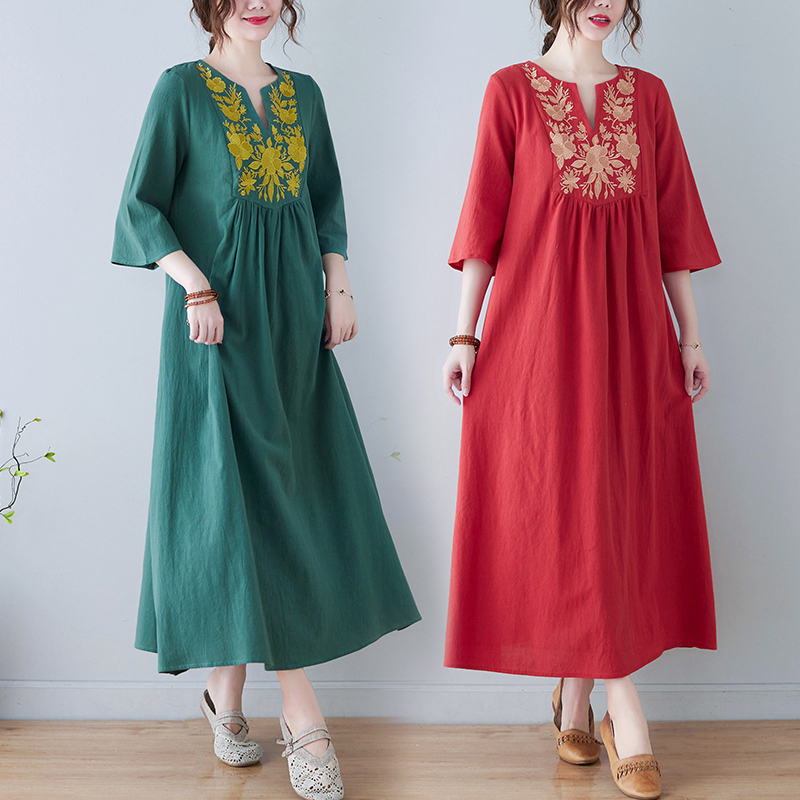 เดรสผ้าฝ้ายลินินปักลายสไตล์ชาต - Embroidery Skirt บทวิจารณ์และราคา